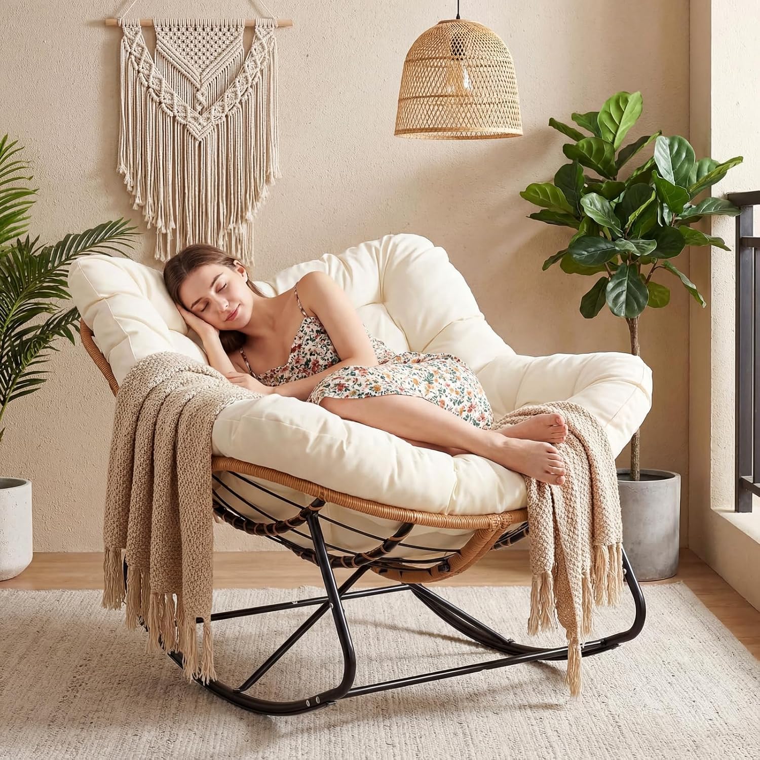 Outdoor Furniture Egg Chair - Oversized Outdoor Papasan Rocking Chair, Padded