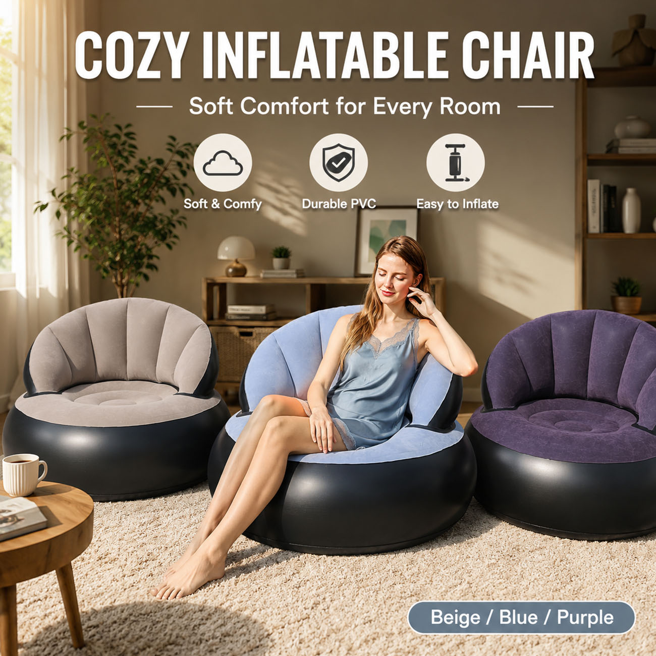 Outdoor Furniture Lounge Chair - Inflatable Chair for Adults, Flocking Comfortable